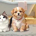 En katt og en hund sitter sammen på et baderomsgulv foran et badekar