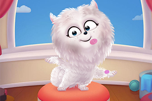 Illustrasjon av en søt, fluffy, hvit hund som sitter på en pute i et rom med store vinduer
