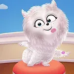 Illustrasjon av en søt, fluffy, hvit hund som sitter på en pute i et rom med store vinduer