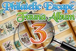 Et forstørrelsesglass forstørrer frimerker med dyremotiver i et album, med teksten Philatelic Escape Fauna Album 3