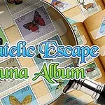 Frimerkealbum med forskjellige dyrefrimerker, et forstørrelsesglass, og teksten Philatelic Escape Fauna Album