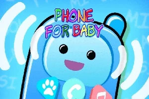 Blå tegneserietelefon med et smilende ansikt og fargerike knapper, omringet av lydbølger med teksten PHONE FOR BABY over