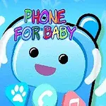 Blå tegneserietelefon med et smilende ansikt og fargerike knapper, omringet av lydbølger med teksten PHONE FOR BABY over