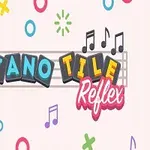 Logo med teksten Piano Tile Reflex omgitt av fargerike musikalske symboler og noter