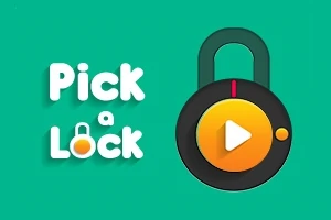 Låsemotiv med en play-knapp i midten og teksten Pick a Lock på grønn bakgrunn