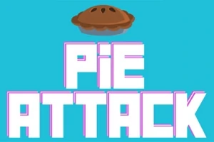 Teksten Pie Attack vises i hvite bokstaver med en illustrasjon av en pai over på blå bakgrunn