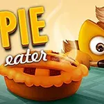 En tegneseriefigur med dyrelignende utseende ser på en varm pai på et bord, med teksten PIE eater i bakgrunnen