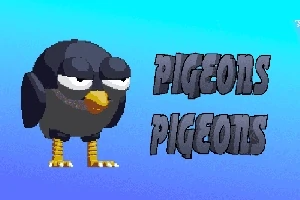 En tegneserieaktig due med et avslappet uttrykk står ved siden av teksten “PIGEONS PIGEONS” på en blå bakgrunn