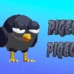 En tegneserieaktig due med et avslappet uttrykk står ved siden av teksten “PIGEONS PIGEONS” på en blå bakgrunn