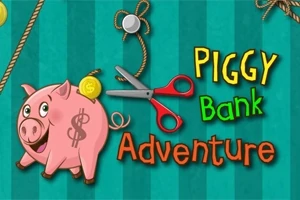 En rosa sparegris med en gullmynt, en rød saks og teksten Piggy Bank Adventure på en stripete grønn bakgrunn
