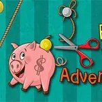 En rosa sparegris med en gullmynt, en rød saks og teksten Piggy Bank Adventure på en stripete grønn bakgrunn