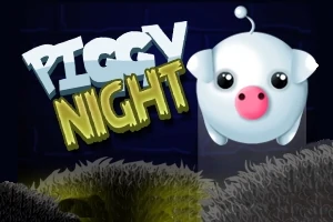 En tegnet, hvit, flygende gris med store øyne ved siden av teksten Piggy Night på en mørk bakgrunn