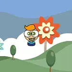 Tegneseriefigur med stort hode og oransje hår svever foran fargerike blomster i et enkel, tegneseriestil landskap med grønne åser og en blå himmel