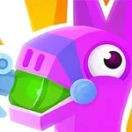 Fargerik tegneserieaktig llama med en robotaktig kjeft i lyse lilla og grønne nyanser med strålende orange bakgrunn