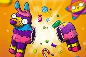 Fargerik piñata i form av en lama som eksploderer og slipper ut godteri mot en oransje bakgrunn