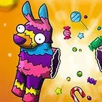 Fargerik piñata i form av en lama som eksploderer og slipper ut godteri mot en oransje bakgrunn