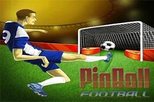 En illustrasjon av en fotballspiller i blått som skyter en fotball mot et mål, med teksten PinBall Football nederst på bildet