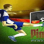 En illustrasjon av en fotballspiller i blått som skyter en fotball mot et mål, med teksten PinBall Football nederst på bildet