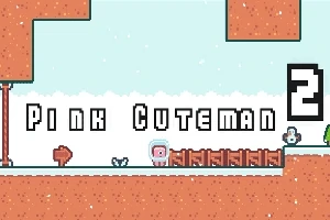 En pixelert figurskjerm med teksten Pink Cuteman 2 og en rosa karakter i et snølandskap