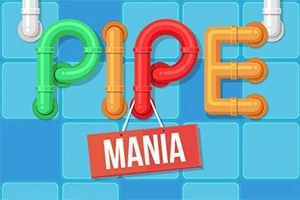 Fargerike, sammenkoblede rør danner ordene PIPE MANIA på en blå rutete bakgrunn