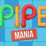 Fargerike, sammenkoblede rør danner ordene PIPE MANIA på en blå rutete bakgrunn