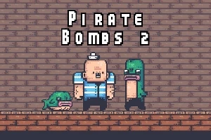 To figurer i pikselkunststil står ved siden av en mann med en stripete skjorte og liten hatt, med teksten Pirate Bombs 2 over dem