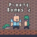 To figurer i pikselkunststil står ved siden av en mann med en stripete skjorte og liten hatt, med teksten Pirate Bombs 2 over dem