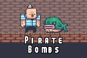En pixelert figur i stripete skjorte står ved siden av en grønn fisklignende skapning mot en murvegg, med teksten Pirate Bombs under