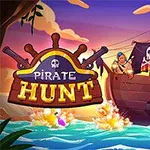 Piratskip med seil, kanoner og pirater i fargerik tegneseriestil på åpent hav med teksten Pirate Hunt