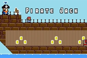 En pikselert grafikk av et stort piratskip med to figurer og gullmynter, mot en blå himmel med teksten Pirate Jack