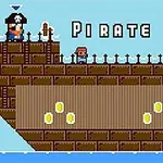 En pikselert grafikk av et stort piratskip med to figurer og gullmynter, mot en blå himmel med teksten Pirate Jack