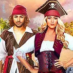 To pirater i fargerike antrekk står foran en tropisk strand