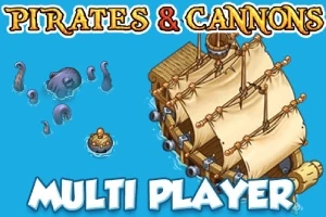 En tegneseriestil illustrasjon av et seilskip med flere kanoner og fire seil, omgitt av en liten båt og tentakler fra et sjømonster, med ordene PIRATES & CANNONS og MULTI PLAYER på blå bakgrunn