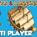 En tegneseriestil illustrasjon av et seilskip med flere kanoner og fire seil, omgitt av en liten båt og tentakler fra et sjømonster, med ordene PIRATES & CANNONS og MULTI PLAYER på blå bakgrunn