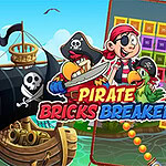 En tegneserieillustrasjon med en sjørøverskute, to pirater med sverd og papegøye, samt fargerike blokker i bakgrunnen og teksten Pirate Bricks Breaker
