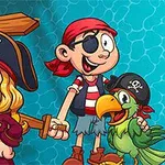 To piratbarn med tre-sverd og en grønn papegøye mot en blå bakgrunn