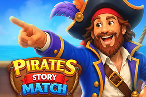 Smilende tegneseriepirat peker mot venstre foran logo med teksten «Pirates Story Match»