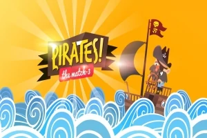 En tegnet pirat står på et skip med en piratflagg, omringet av bølger under en oransje himmel med en svart banner som sier Pirates!