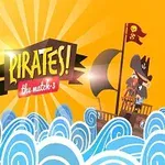 En tegnet pirat står på et skip med en piratflagg, omringet av bølger under en oransje himmel med en svart banner som sier Pirates!