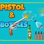 Illustrasjon med en pistol som skyter mot flere forskjellige flasker og kuler mot en blå bakgrunn