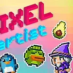 Fargerik pikselkunst med teksten Pixel artist omgitt av ulike pikselkarakterer som en hund, ridder, pingvin, and, avokado og trollmann