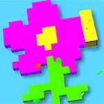 En pikselert blomst i sterke farger med rosa kronblader, gult senter, og grønn stilk på en blå bakgrunn