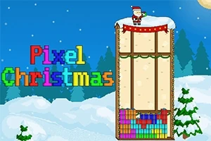 Pikselert vinterlandskap med juledekor og tekst Pixel Christmas i fargerike bokstaver; nissen står på toppen av en struktur av fallende blokker