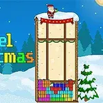 Pikselert vinterlandskap med juledekor og tekst Pixel Christmas i fargerike bokstaver; nissen står på toppen av en struktur av fallende blokker