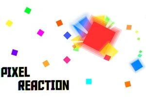 Fargerike, overlappende firkanter med teksten PIXEL REACTION i nederste venstre hjørne