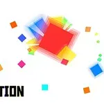 Fargerike, overlappende firkanter med teksten PIXEL REACTION i nederste venstre hjørne