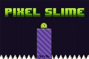 En grønn, enøyd slime-figur står på en lilla plattform over en rad med hvite pigger, med teksten Pixel Slime i pikselstil øverst