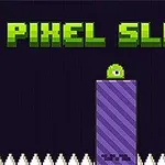 En grønn, enøyd slime-figur står på en lilla plattform over en rad med hvite pigger, med teksten Pixel Slime i pikselstil øverst