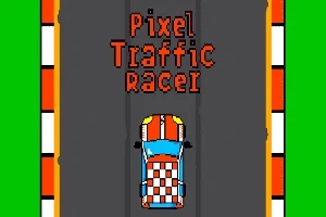 En bil med rutemønster kjører på en vei med oransje og hvite fortauskanter, med teksten Pixel Traffic Racer over