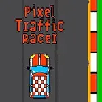 En bil med rutemønster kjører på en vei med oransje og hvite fortauskanter, med teksten Pixel Traffic Racer over